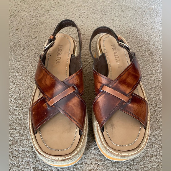 Prada Size 38 Wedge Brown Leather Sandals - Picture 1 of 12
